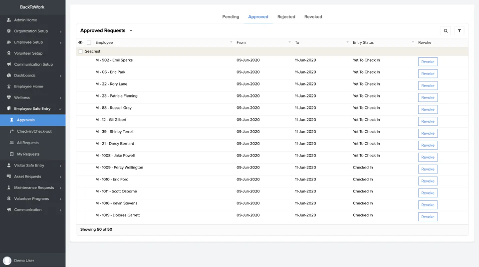 screenshot of Zoho BackToWork